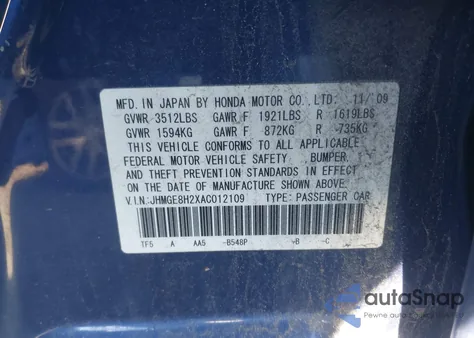 2010 Honda Fit from USA, damaged, VIN JHMGE8H2XAC012109